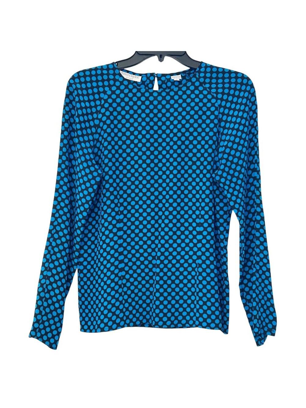 ANN TAYLOR Studio Silk Polka Dot Blouse Blue Black Size 4 Y2K Career Top